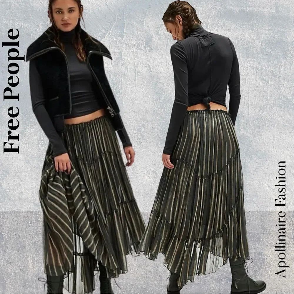 Free People Ember Printed MIDI SkirtBlack and Gold Striped NWOT